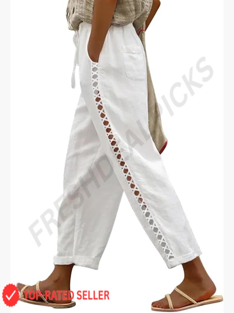 Linen Capri Pants With Drawstring Elastic Waist Summer Beachwear Petite